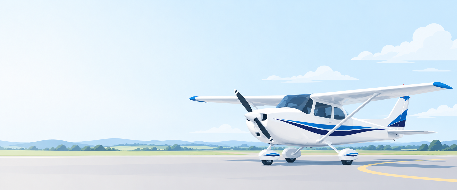 Illustration of a white and blue light training aircraft on an airfield, beneath a clear sky.